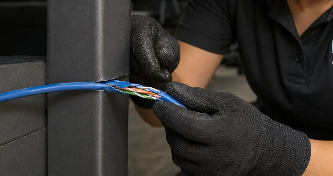 Cat6 split at a steel desk leg — office repair in Fordham, Bronx Gloved hands opening a blue Cat6 jacket split where it was pinched against a steel desk leg, Fordham, Bronx office repair
