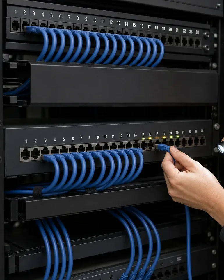 Switch port light check — Fordham, Bronx Cat6 diagnosis Hand seating a blue patch cord in a 24-port switch with lit and dark port lights, link check in Fordham, Bronx