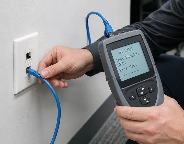 Wall jack reading OPEN on a tester — Fordham, Bronx jack repair Tester plugged into a two-port wall plate reading NO LINK, OPEN on the wire map, Cat6 jack repair in Fordham, Bronx