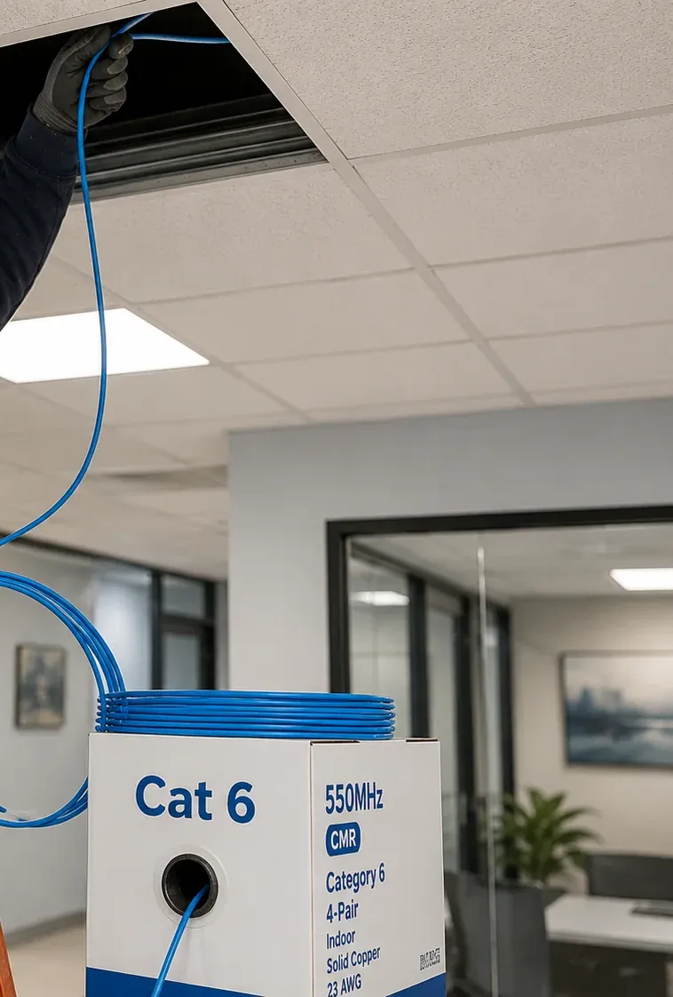 Cat6 replacement cable fed up through a ceiling opening — Long Island City, Queens Blue cable fed from a box marked Cat 6 550MHz CMR solid copper 23 AWG up to a gloved hand at an open ceiling tile, Long Island City Queens Cat6 replacement run