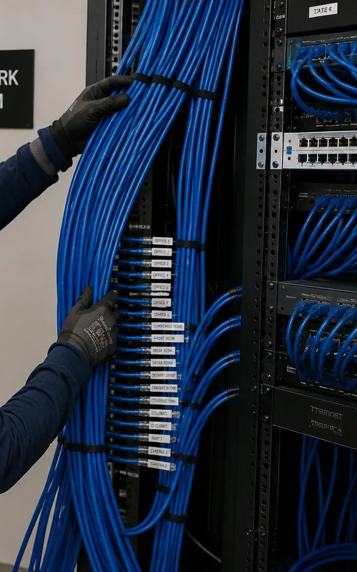 Dressing a dense Cat6 bundle at a rack — Long Island City, Queens Gloved hands dressing a thick vertical bundle of blue Cat6 cables beside a rack with rows of labelled patch cords, Long Island City Queens Cat6 repair