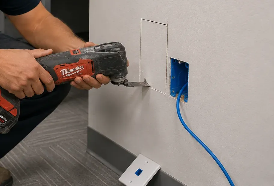 Small drywall opening cut beside a low-voltage box — Long Island City, Queens Hands cutting a rectangle in drywall with an oscillating multi-tool beside a blue low-voltage box with a blue cable leaving it, Long Island City Queens partition Cat6 repair