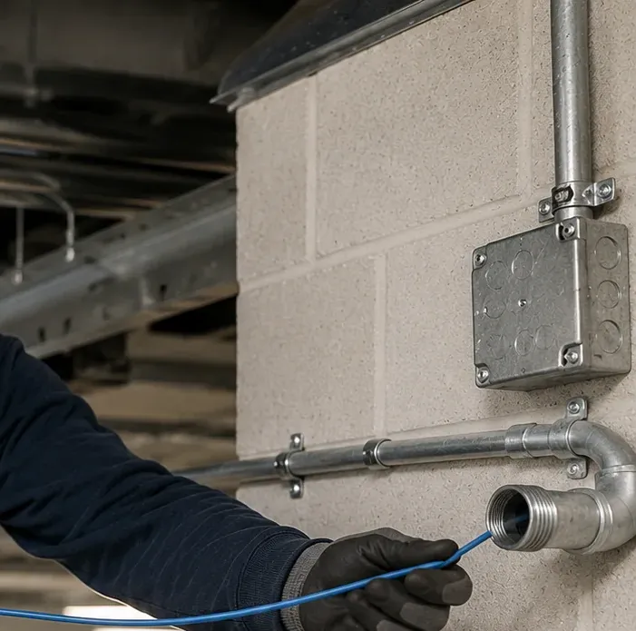 Feeding cable into steel conduit on a block wall — Long Island City, Queens Gloved hand feeding a blue cable into the open end of a steel conduit elbow on a painted concrete block wall, Long Island City Queens loft Cat6 repair