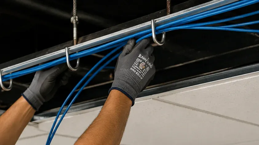Cat6 bundle in J-hooks under an open ceiling — Long Island City, Queens Two gloved hands seating blue Cat6 cables into metal J-hooks hung from rods under a dark open ceiling, Long Island City Queens Cat6 repair