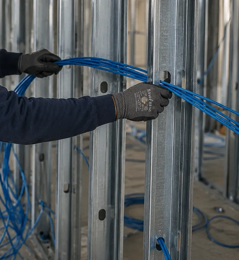 Cat6 bundle passing through metal-stud openings — Long Island City, Queens Gloved hands guiding a bundle of blue Cat6 cables through punched openings in galvanised metal studs of an open partition, Long Island City Queens Cat6 repair