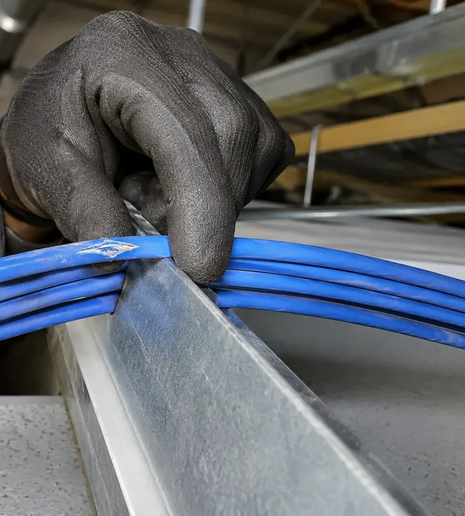 Scuffed Cat6 jacket on a metal rail — Long Island City, Queens Gloved hand lifting a bundle of blue Cat6 cables off a galvanised metal rail where one jacket is scuffed, Long Island City Queens Cat6 damage check