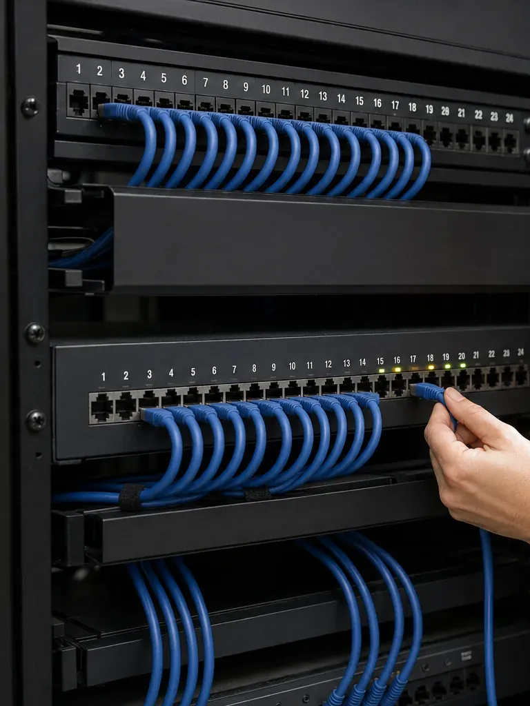 Patch cord at a numbered switch port — Long Island City, Queens Hand holding a blue patch cord at a lit port on a numbered network switch below a patch panel, Long Island City Queens Cat6 repair