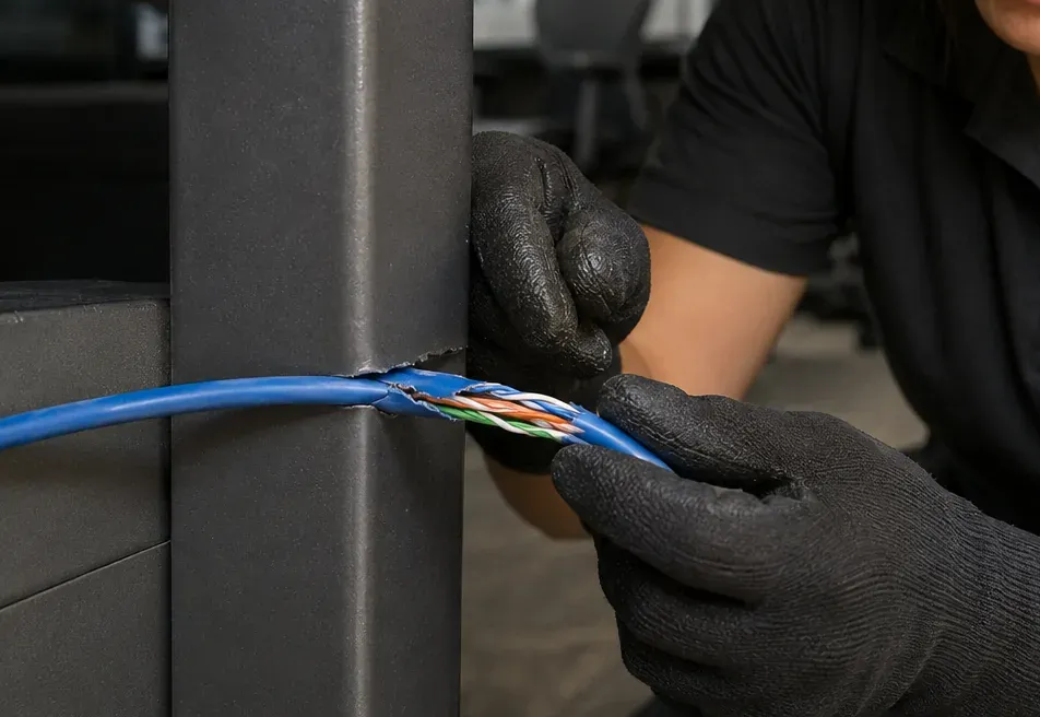 Split Cat6 jacket beside a steel frame — Long Island City, Queens Gloved hands holding a blue Cat6 cable with its jacket split open beside a dark steel frame, coloured pairs exposed, Long Island City Queens Cat6 damage