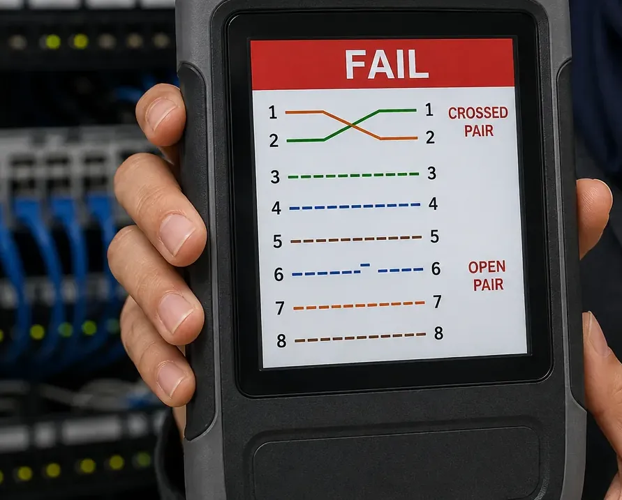 Wire-map failure on a certification tester — Long Island City, Queens Handheld cable tester screen reading Fail with a wire map showing pairs 1 and 2 crossed and pair 6 open, held in front of a network rack, Long Island City Queens Cat6 certification