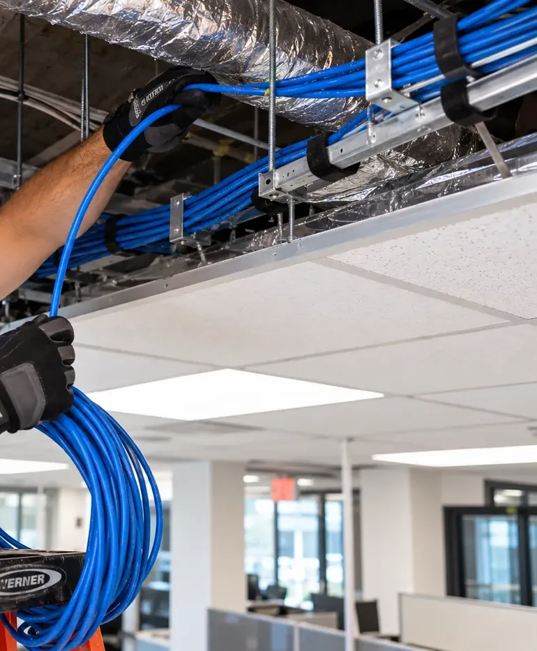 Replacement cable fed into an open office ceiling — Midtown Manhattan Cat6 repair Gloved hands feeding a coil of blue cable up into an open ceiling grid beside supported cable bundles and silver ductwork, open-plan office below — Cat6 replacement run in Midtown Manhattan