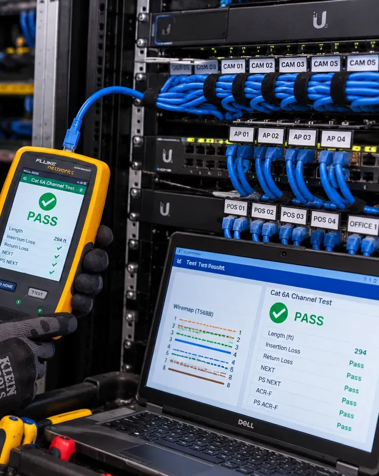 Certifier PASS and laptop report at a labelled rack — Midtown Manhattan Cat6 repair Gloved hand holding a handheld cable certifier showing a green PASS beside a laptop with the same channel test result, in front of a rack with ports labelled CAM, AP and POS — Cat6 repair certification in Midtown Manhattan