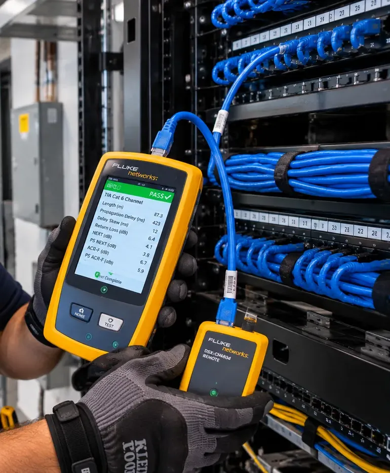 Channel test passing at the rack — Midtown Manhattan Cat6 repair process Gloved hands holding a yellow cable certifier showing a passing result list, with a blue cord running to the rack and a small remote unit below — Cat6 certification after repair in Midtown Manhattan