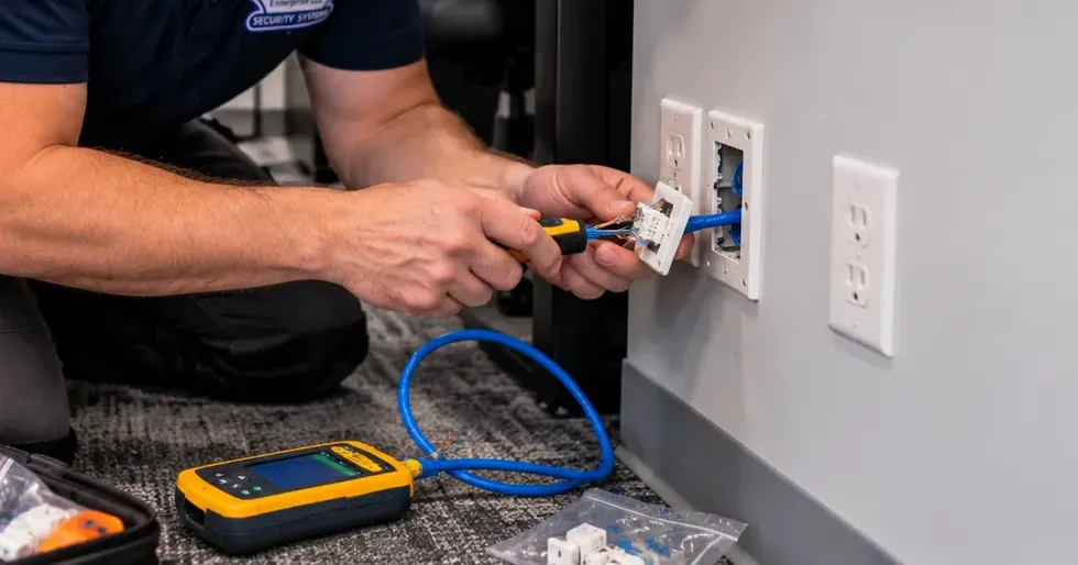 Desk wall jack re-terminated and tested — Midtown Manhattan Cat6 repair Kneeling technician holding a wall plate with a blue cable attached beside a duplex power outlet, a yellow tester and blue cord on the carpet below — desk jack repair in a Midtown Manhattan office