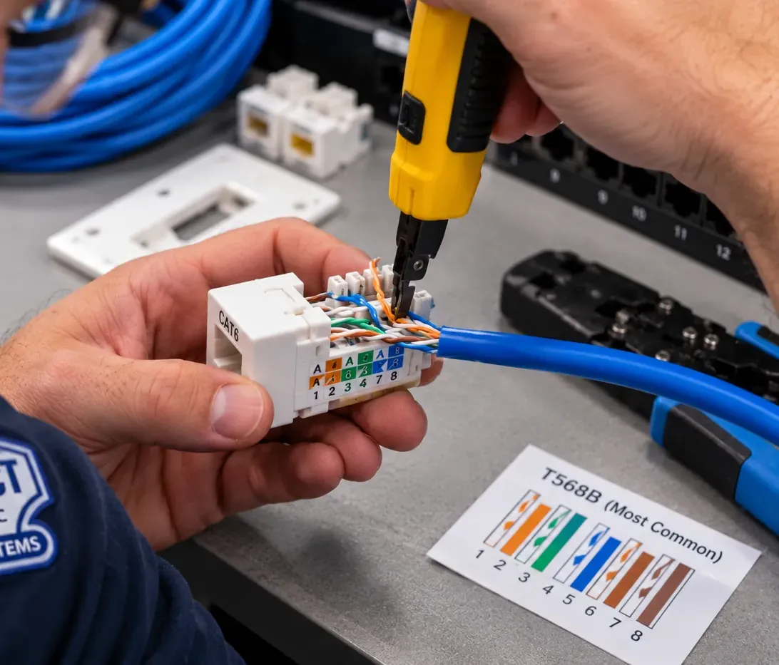 Keystone re-terminated to T568B — Midtown Manhattan Cat6 repair Hand holding a white Cat6 keystone with coloured pairs seated while a yellow punch-down tool presses them in, a T568B colour chart card and spare keystones on the bench — Midtown Manhattan jack repair