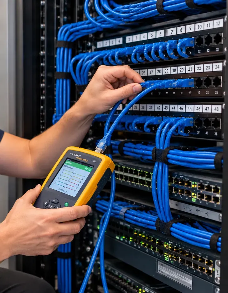Port-by-port test at a numbered patch panel — Cat6 repair, Midtown Manhattan Hand seating a blue patch cord in a numbered patch panel while the other hand holds a yellow cable tester, dense blue bundles on the rack — Midtown Manhattan Cat6 link test