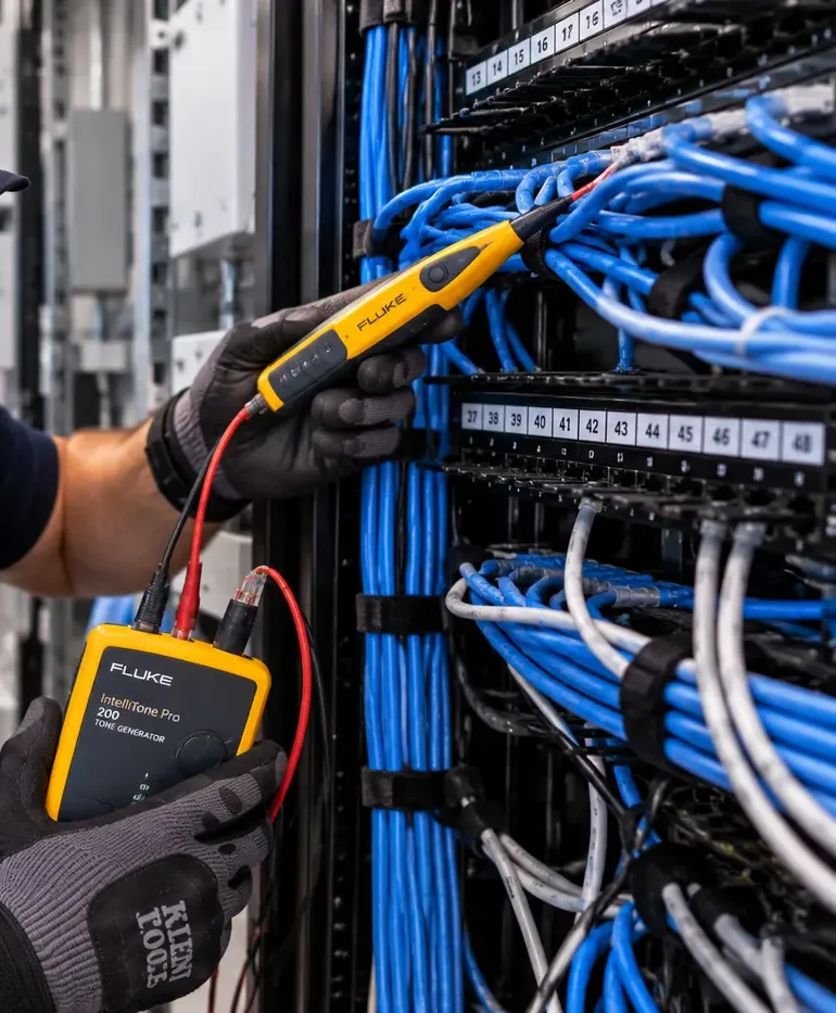 Tone and probe tracing at a numbered panel — Midtown Manhattan Cat6 repair Yellow inductive probe held against blue cables at a patch panel numbered 37 to 48 while a gloved hand holds the tone generator with red and black leads — cable tracing on a Midtown Manhattan floor