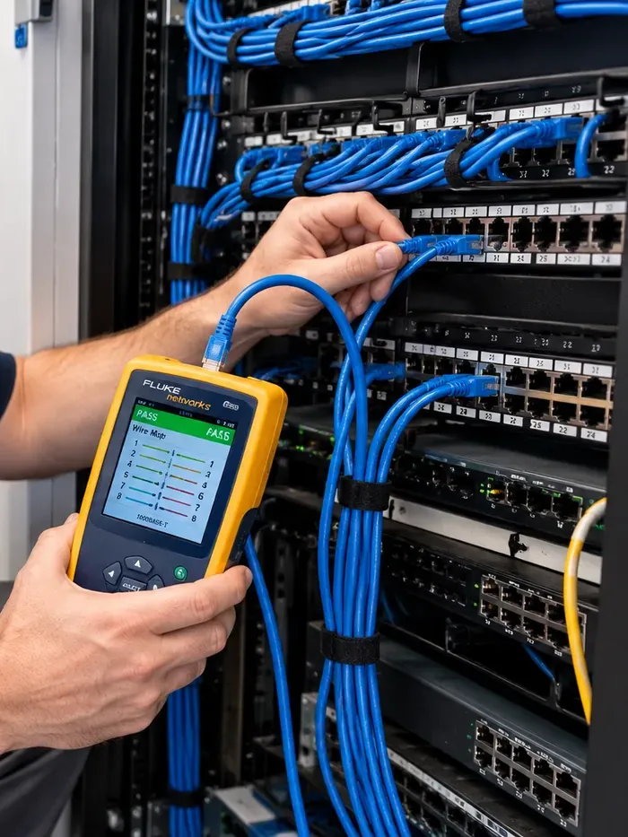 Wire map passing at the patch panel — Midtown Manhattan Cat6 repair Hand holding a yellow tester whose screen shows a wire map with PASS while a blue cord runs into a patch panel among dense blue bundles — wire-map check on a Midtown Manhattan floor