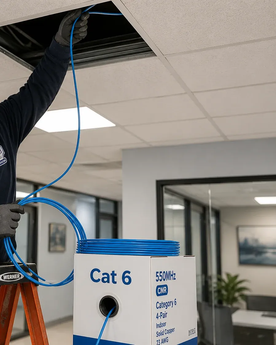 Replacement Cat6 fed into a ceiling from a CMR box — Nassau County Gloved hand feeding blue Cat6 into an open ceiling tile from a box marked Cat 6, 550MHz, CMR, solid copper, Nassau County replacement run