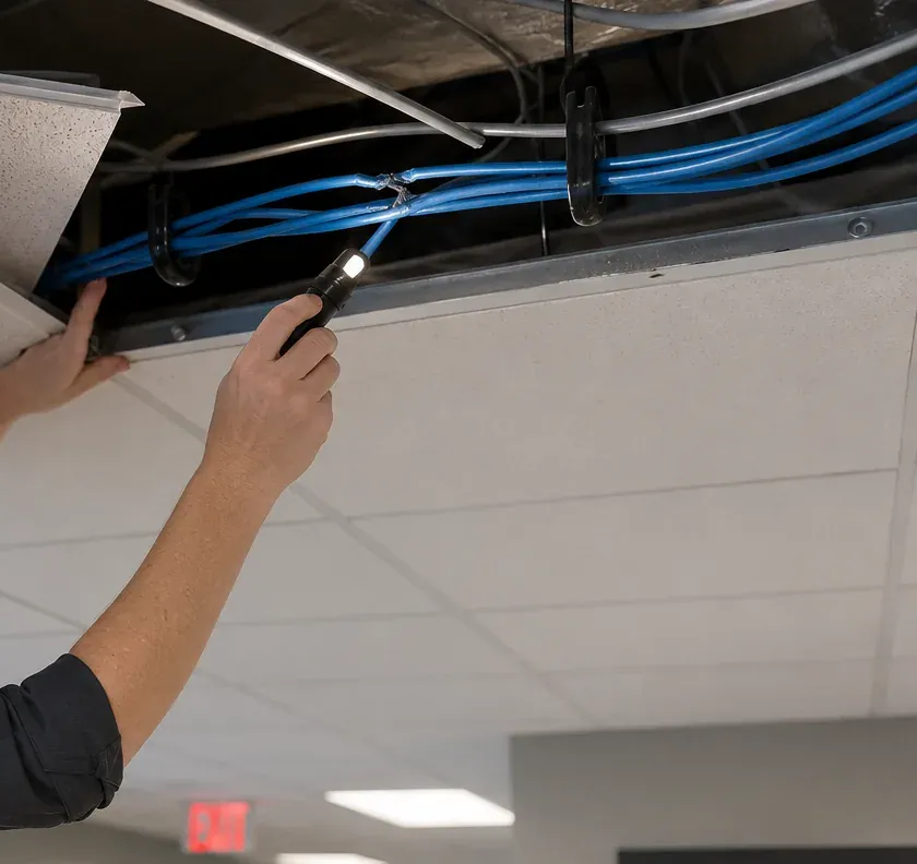 Flashlight inspection of Cat6 above a lifted ceiling tile — Nassau County Technician shining a flashlight into an open ceiling at blue Cat6 runs held in black hangers, Nassau County Cat6 repair inspection