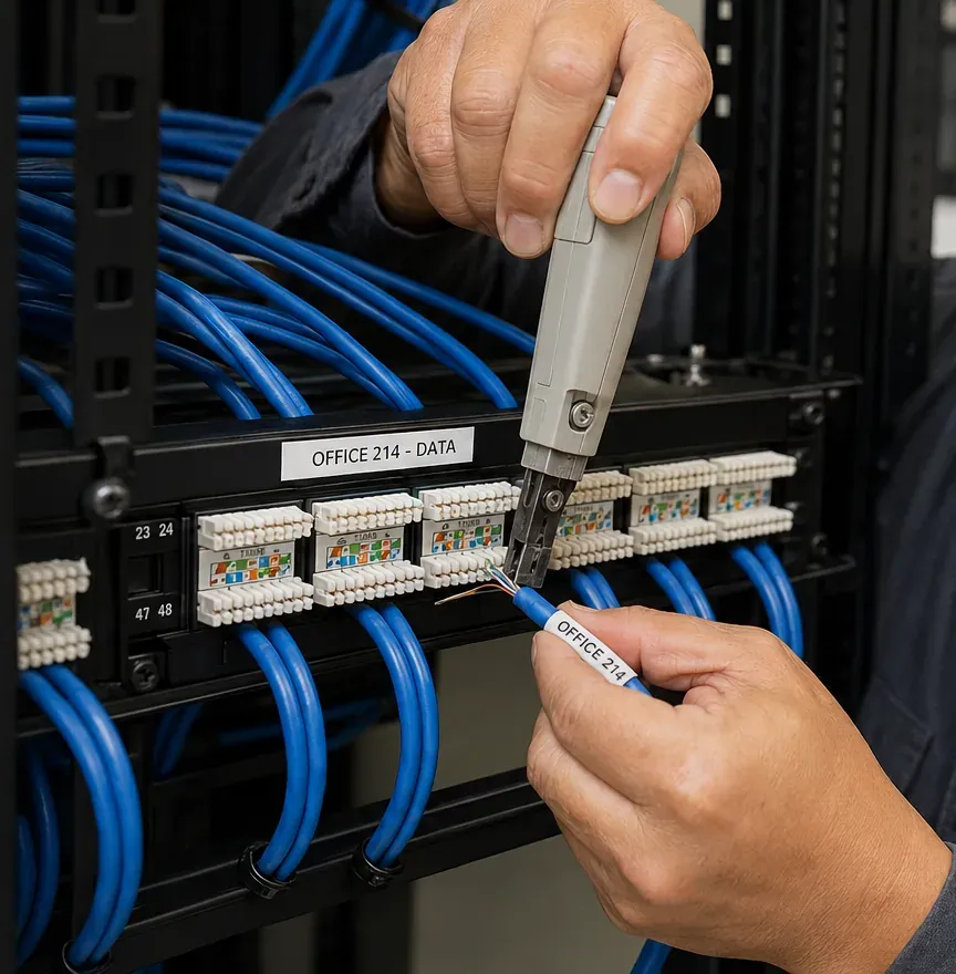 Patch panel punch-down on a labelled run — Nassau County Cat6 Punch-down tool re-terminating a labelled blue Cat6 cable on a patch panel marked Office 214 Data, Nassau County panel repair