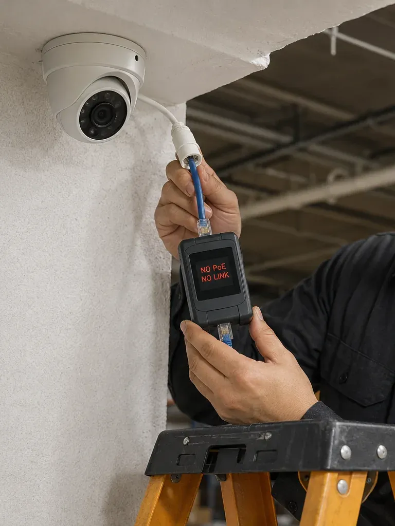 No-PoE reading at a dome camera — Nassau County Cat6 repair Inline tester between a dome camera and its blue Cat6 cable reading No PoE and No Link, Nassau County PoE camera cable repair