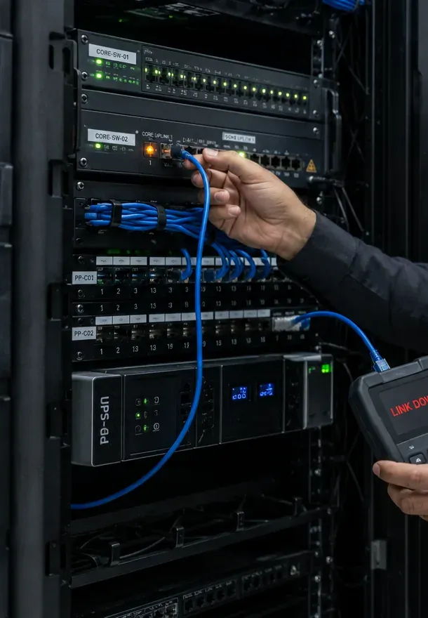 Link-down check at a network rack — Nassau County Cat6 repair Hand reseating a blue patch cord in a switch at a network rack while a tester at the edge shows a red link-down message, Nassau County Cat6 repair