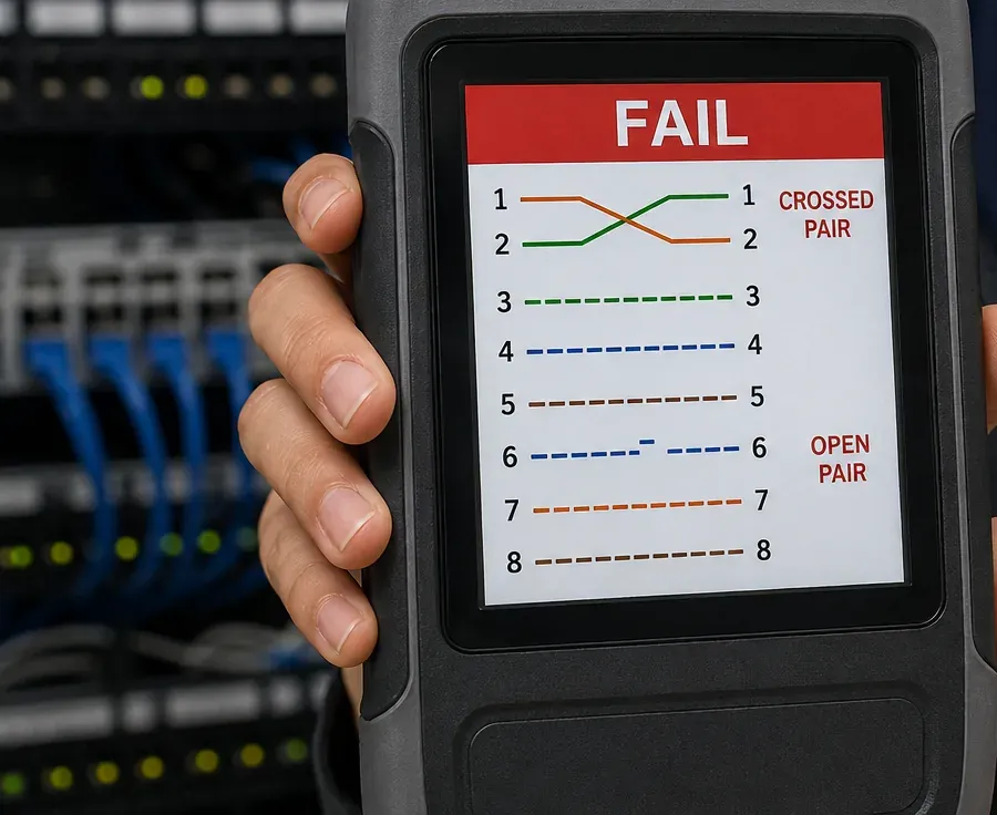 Wire map fail with crossed and open pairs — Nassau County Cat6 test Cable tester screen showing a Fail result with a crossed pair on 1 and 2 and an open pair on 6, Nassau County Cat6 certification