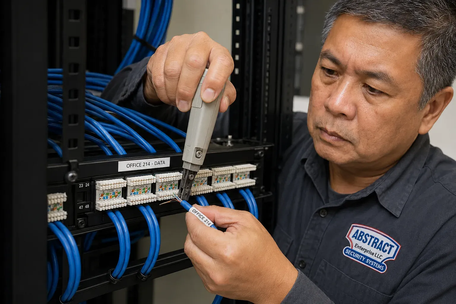 Patch panel port re-punched and labelled — New York City Cat6 repair Technician using a punch-down tool on a labelled patch panel port marked Office 214 Data while holding a labelled blue Cat6 cable, New York City patch panel repair