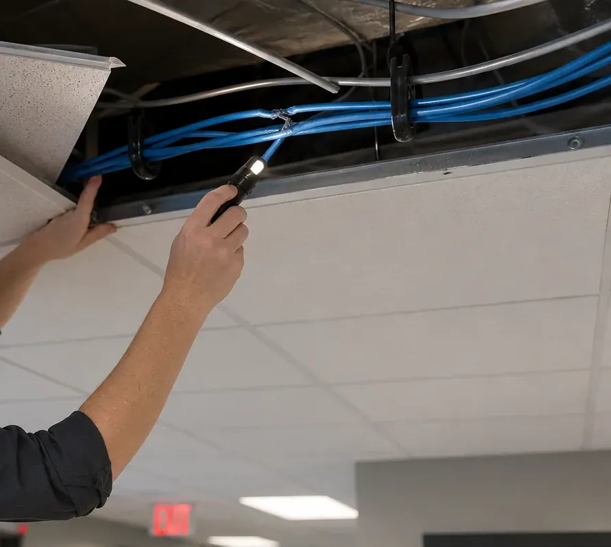 Flashlight check of Cat6 above a ceiling tile — Orange County Hand lifting a ceiling tile and shining a small flashlight on blue Cat6 bundles resting on supports above the grid, Orange County Cat6 inspection