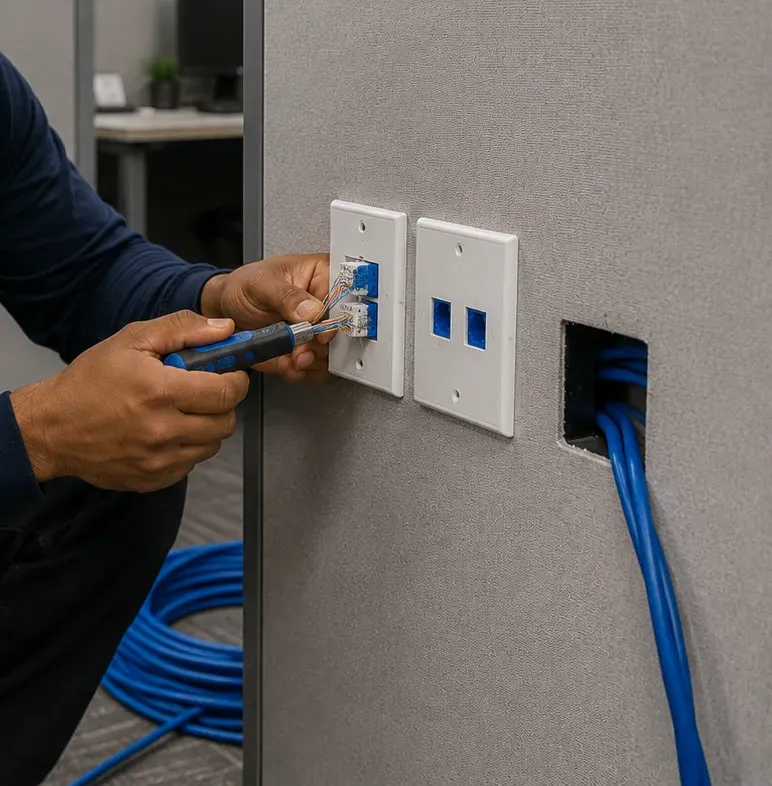 Cubicle keystone re-termination — Orange County Cat6 repair Hand working a tool into a keystone on a single-port wall plate mounted in a cubicle panel beside a two-port plate and a cable opening, Orange County Cat6 re-termination