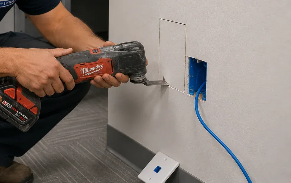 Access cut in drywall at a failed jack — Orange County Cat6 repair Oscillating multi-tool cutting a small rectangular access opening in drywall beside a blue wall box with Cat6 cable, Orange County Cat6 repair