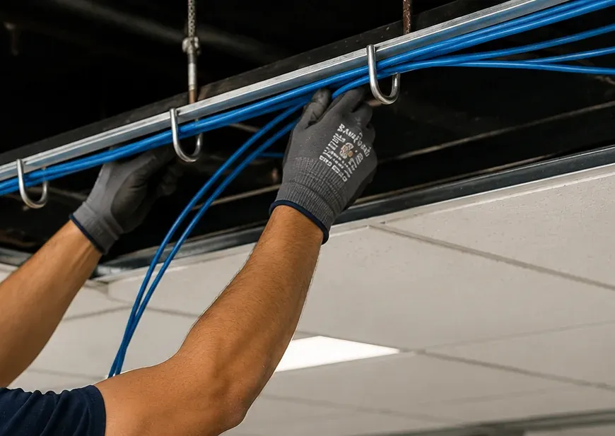 Cat6 laid into J-hook supports — Orange County repair Gloved hands laying blue Cat6 cables into a row of J-hooks hung below an open ceiling deck, cable support rework in Orange County