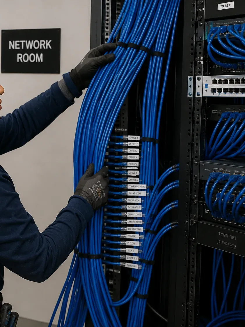 Labelled Cat6 bundles in a network room — Orange County Gloved hands dressing a thick vertical bundle of blue Cat6 cable with a column of white labels on a rack beside a NETWORK ROOM sign, Orange County Cat6 repair
