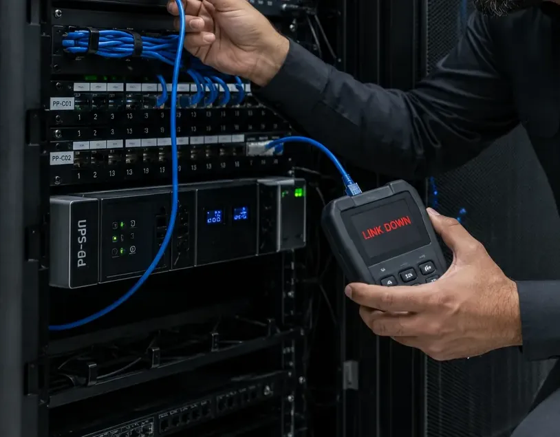 Link-down test at a switch rack — Cat6 repair Orange County Hand holding a handheld tester reading LINK DOWN, connected by a blue patch cord to a switch port in a network rack, Cat6 repair in Orange County NY