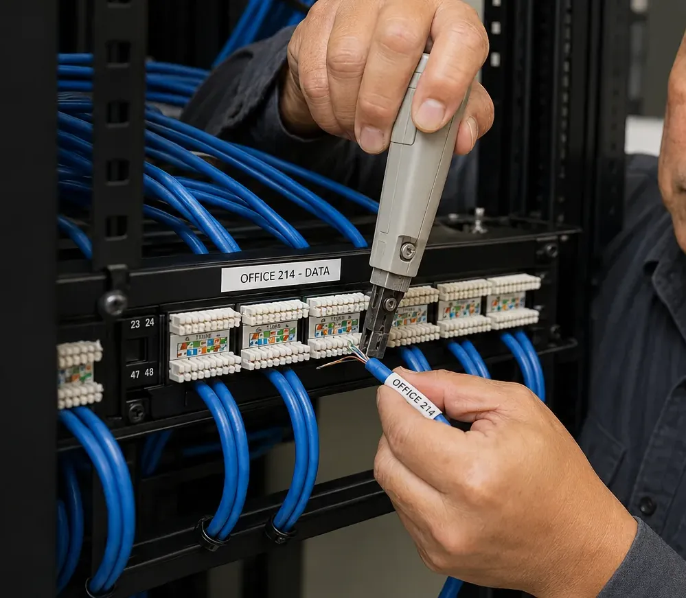 Patch panel port re-punched — Cat6 repair Orange County Punch-down tool pressing a conductor into a keystone module on a rack patch panel labelled OFFICE 214 - DATA, Orange County Cat6 panel repair
