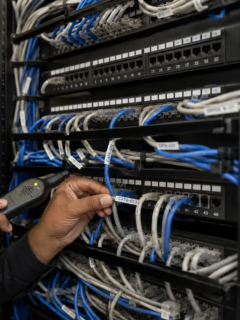 Tone probe trace at labelled patch panels — Cat6 repair Orange County Hand holding a tone probe against blue and white cords at labelled patch panels in a crowded rack, tracing a Cat6 run in Orange County
