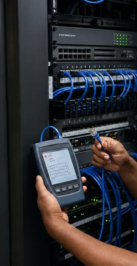 Certifier test at a patch panel port — Orange County Cat6 repair Hand holding a handheld cable certifier connected by a blue cord to a patch panel port in a black rack while the other hand holds a plug, Orange County Cat6 testing