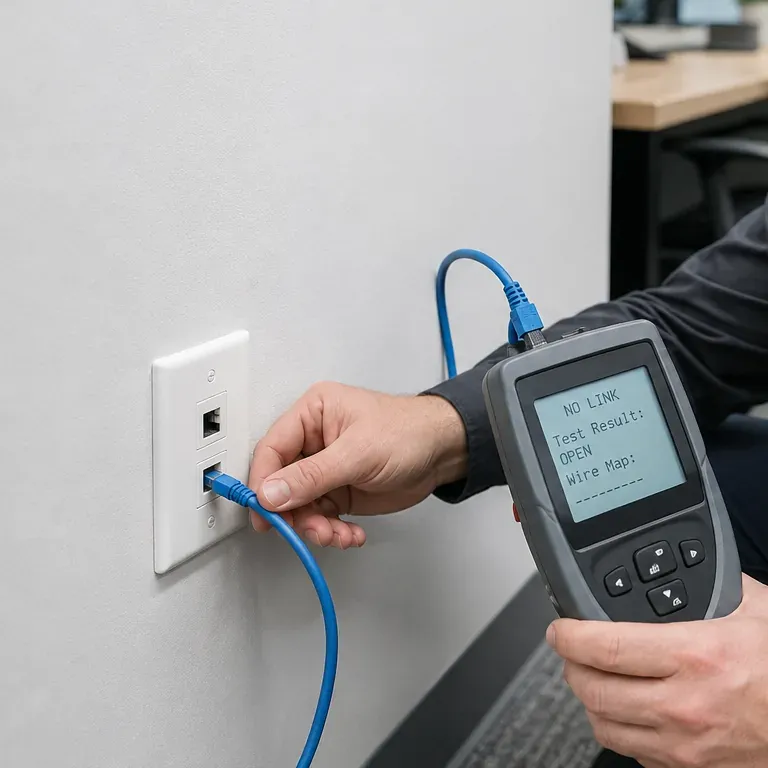 Wall jack testing NO LINK, OPEN — Cat6 repair Orange County Hand plugging a blue patch cord into a white wall jack while a handheld tester shows NO LINK and Test Result OPEN, Orange County Cat6 jack repair