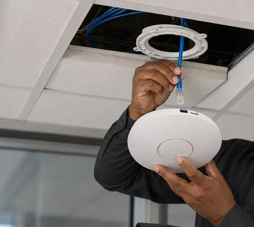 Park Slope, Brooklyn Cat6 repair: technician's hands holding a white ceiling access point below an open ceiling tile while a blue Cat6 lead with an RJ45 plug hangs from the mounting ring