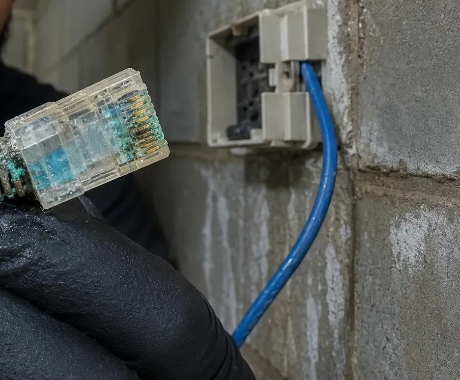 Park Slope, Brooklyn Cat6 repair: corroded RJ45 plug with green and white crust on its contacts held up beside a water-stained concrete block wall and surface box