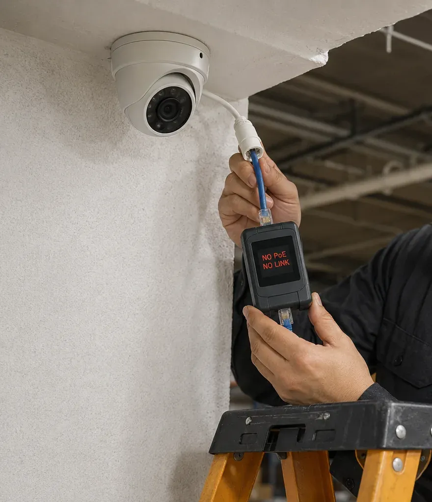 Park Slope, Brooklyn Cat6 repair: technician on a stepladder holding a PoE tester reading NO PoE NO LINK on the cable below a white dome camera