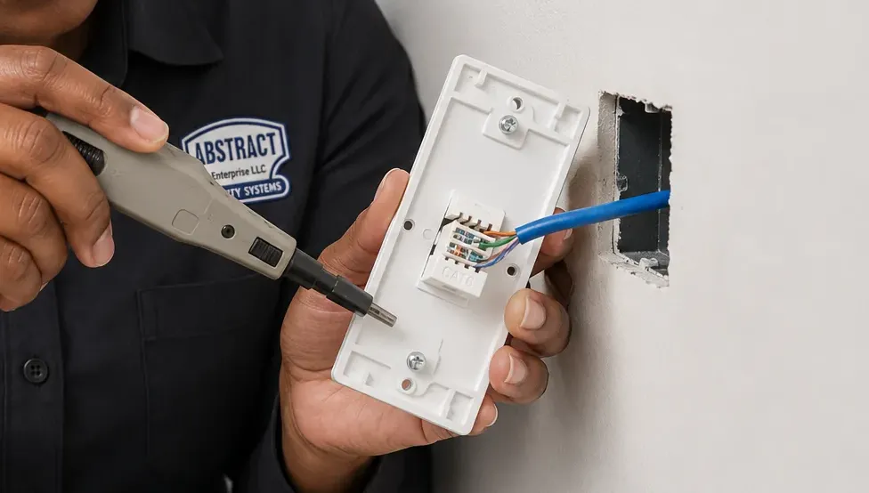 Park Slope, Brooklyn Cat6 repair: hands seating Cat6 conductors into a keystone on the back of a white wall plate with a punch-down tool beside an open low-voltage box