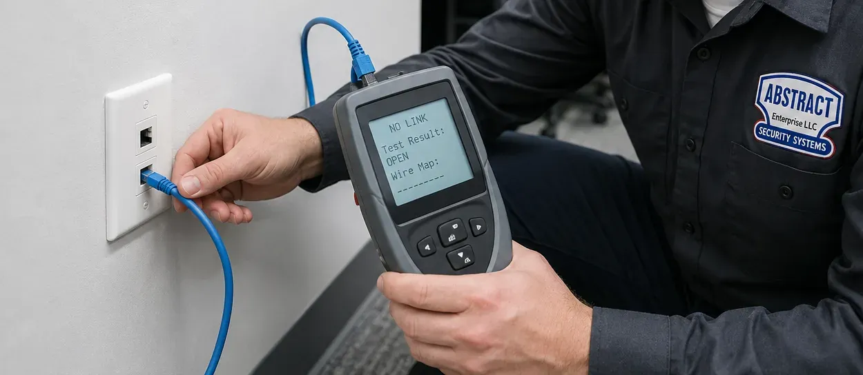 Park Slope, Brooklyn Cat6 repair: technician plugging a blue patch cord into a white wall jack while a hand-held tester reads NO LINK and OPEN