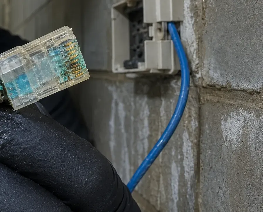 Corroded RJ45 plug beside a damp block wall — Putnam County Cat6 repair Close-up of a clear RJ45 plug with green-blue corrosion on its contacts held in a black glove beside an open surface box on a stained block wall, water-damaged Cat6 repair in Putnam County