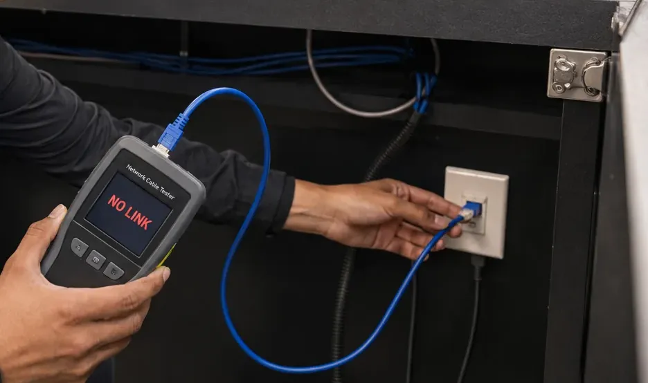 No-link reading at a counter wall jack — Cat6 repair Putnam County Handheld network cable tester reading NO LINK while patched into a single wall jack inside a dark counter cabinet, Cat6 repair diagnosis in Putnam County