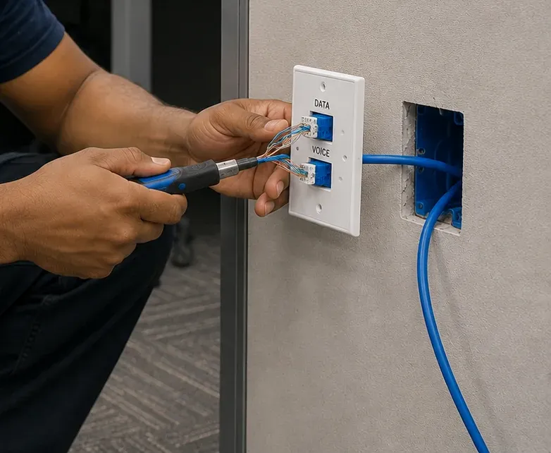 Data and Voice keystone rework at a wall plate — Putnam County Cat6 repair Technician's hands re-terminating the Data and Voice keystones on a white two-port wall plate with a blue-handled tool beside an open blue electrical box in a grey partition wall, Cat6 jack repair in Putnam County