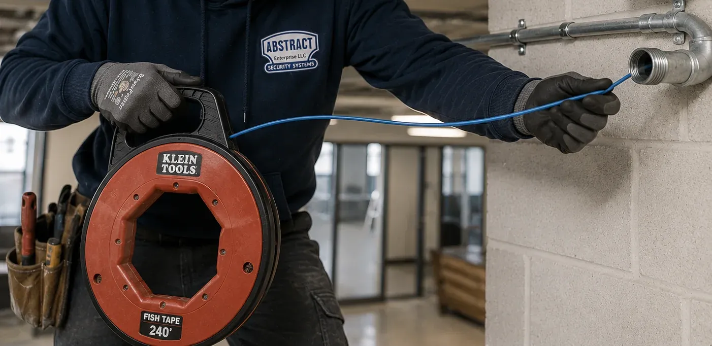 Fish tape feeding cable into existing conduit — Putnam County Cat6 repair Technician holding a red Klein Tools 240-foot fish tape reel and feeding blue cable into the open end of a steel conduit elbow on a block wall, Cat6 re-pull through existing conduit in Putnam County