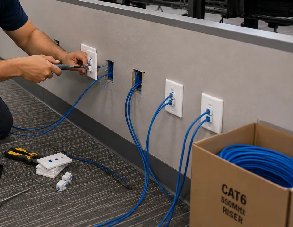 Row of office partition jacks being re-terminated — Cat6 repair Putnam County Technician's arms re-terminating the first of a row of white wall plates along a low office partition, with blue Cat6 cables fanning from open boxes and a carton marked CAT6 550MHz Riser on the carpet, Putnam County office Cat6 repair