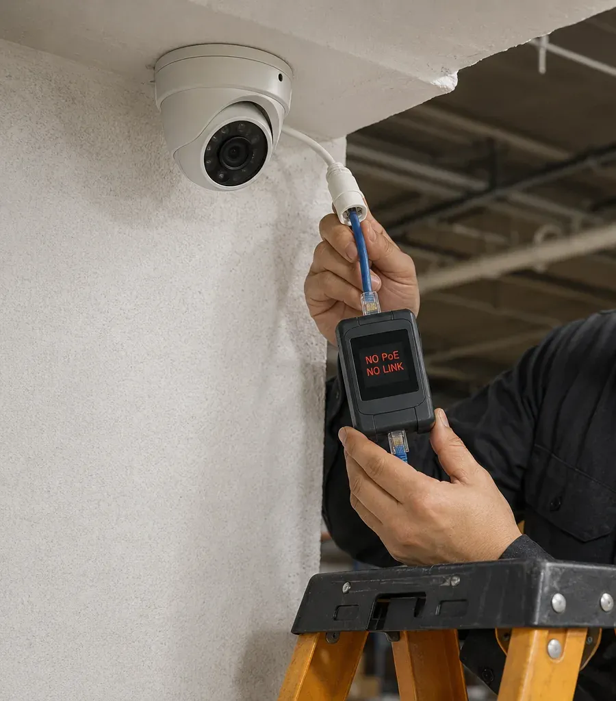 PoE tester showing no power at a dome camera — Cat6 repair Putnam County Inline PoE tester reading NO PoE NO LINK held under a white dome camera mounted at the top of a textured wall, with a technician's hands and a stepladder top in frame, PoE camera Cat6 repair in Putnam County