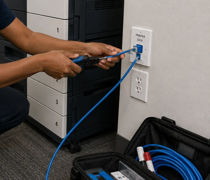 Printer data jack re-terminated beside a copier — Cat6 repair Putnam County Technician's hands re-terminating a blue Cat6 cable at a wall plate labelled PRINTER DATA beside a floor-standing office copier, with an open tool bag holding coiled blue cable on the floor, Cat6 repair in a Putnam County office